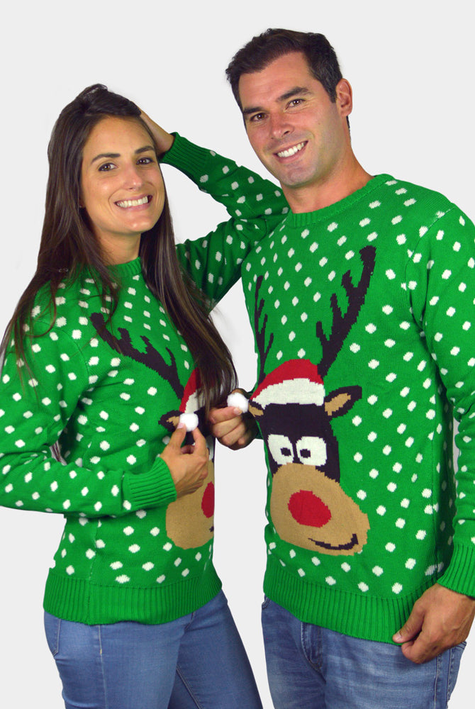 Jersey de Navidad para Hombre Verde Reno con Gorro en 3D parejas