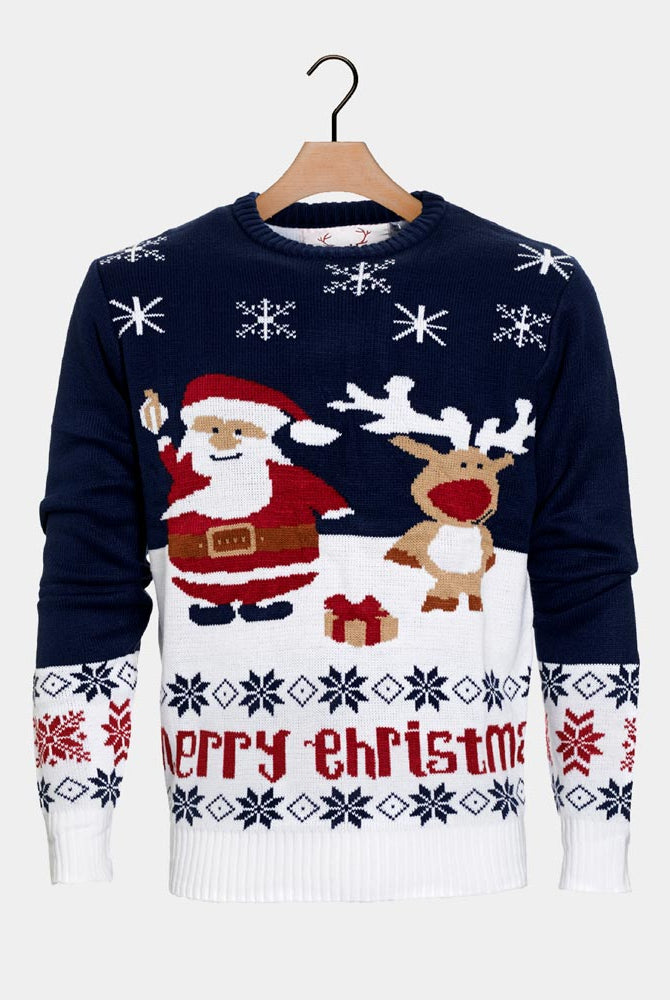 Jersey de Navidad para Mujer Azul Papá Noel y Reno Rudolph