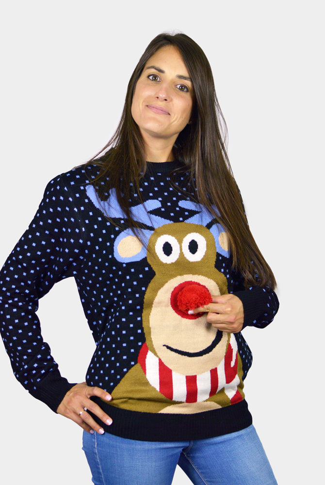 Jersey de Navidad para Mujer Azul Reno Rodolfo con Nariz Roja en 3D
