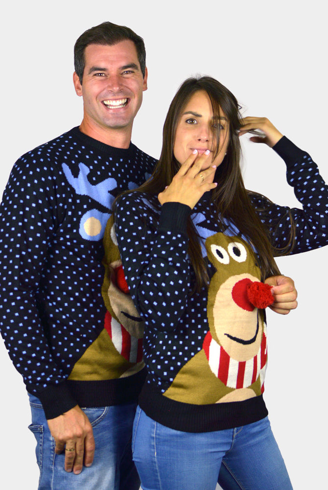 Jersey de Navidad para Mujer Azul Reno Rodolfo con Nariz Roja en 3D parejas
