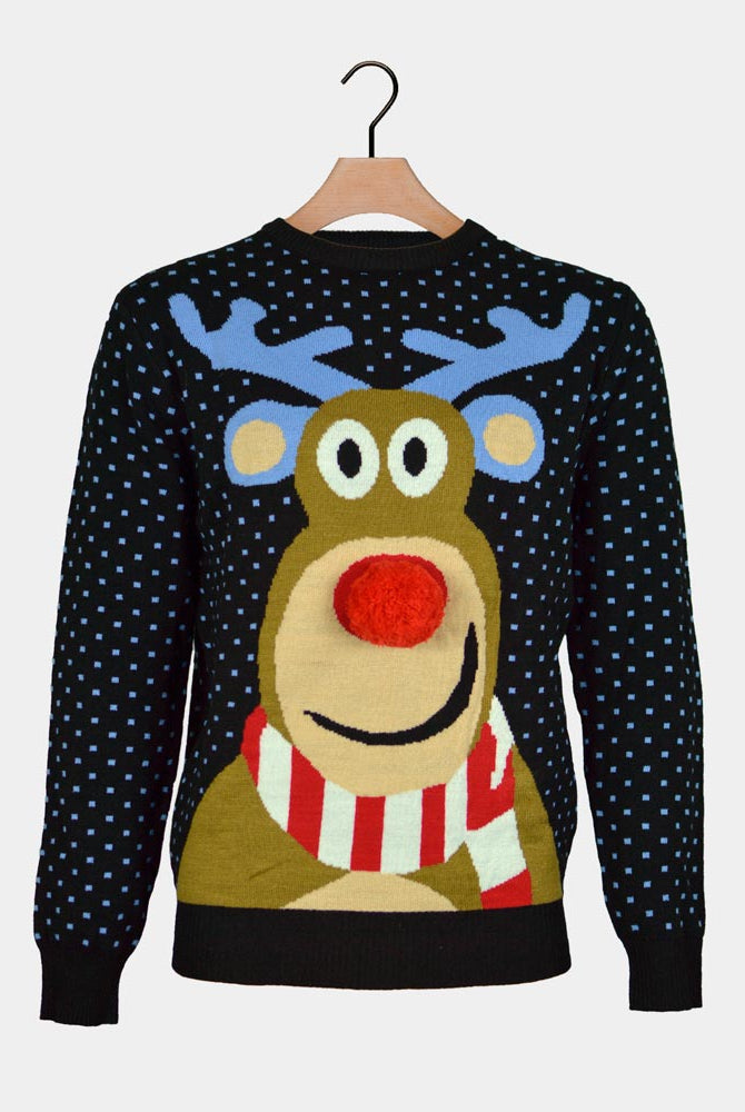 Jersey de Navidad para Mujer Azul Reno con Nariz Roja en 3D