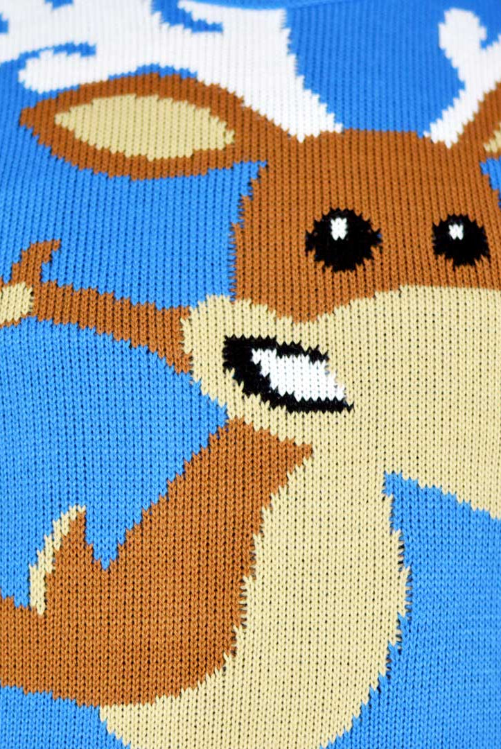 Jersey de Navidad para Mujer Azul con Reno Patinando Detalle