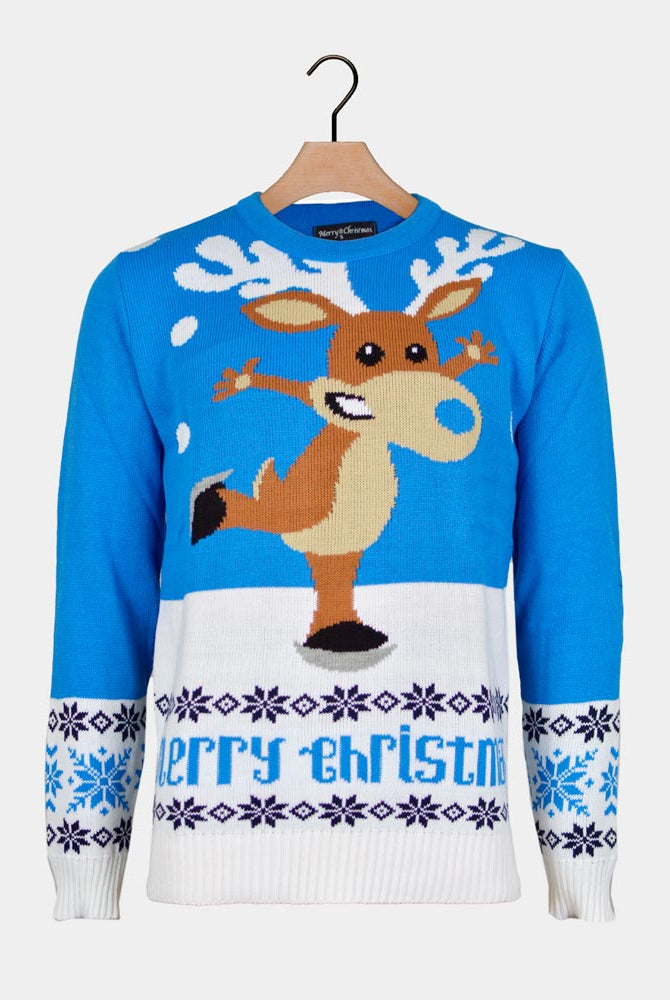 Jersey de Navidad para Mujer Azul con Reno Patinando