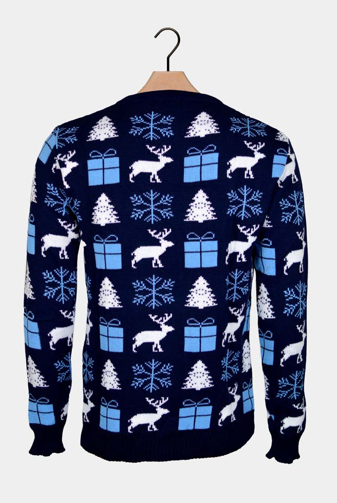 Jersey de Navidad para Mujer Azul con Renos, Regalos y Pinos Espalda