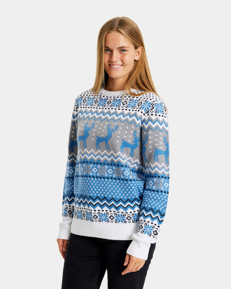 Jersey de Navidad Mujer Blanco, Gris y Azul con Renos Elegante