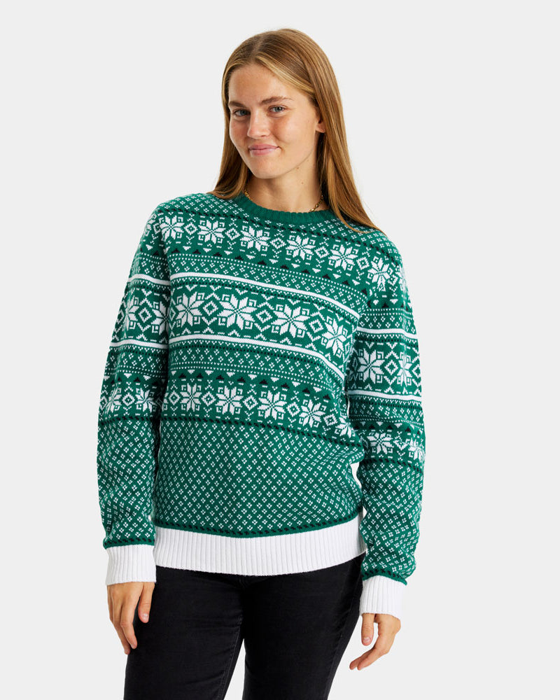 Jersey de Navidad Mujer Clásico Verde y Blanco Elegante