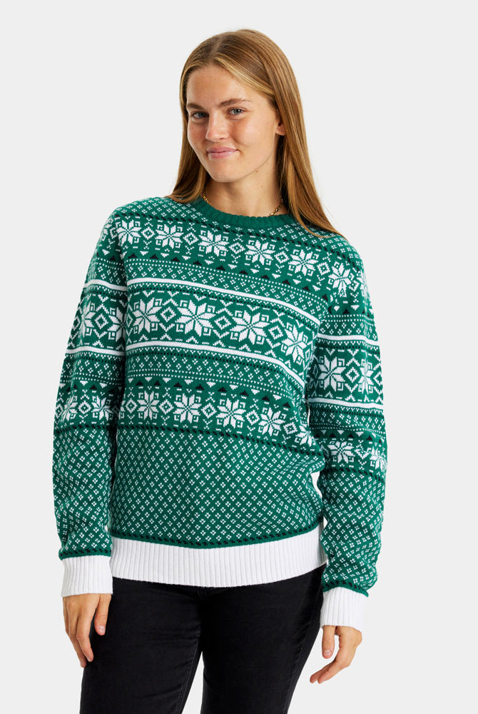 Jersey de Navidad Mujer Clásico Verde y Blanco Elegante