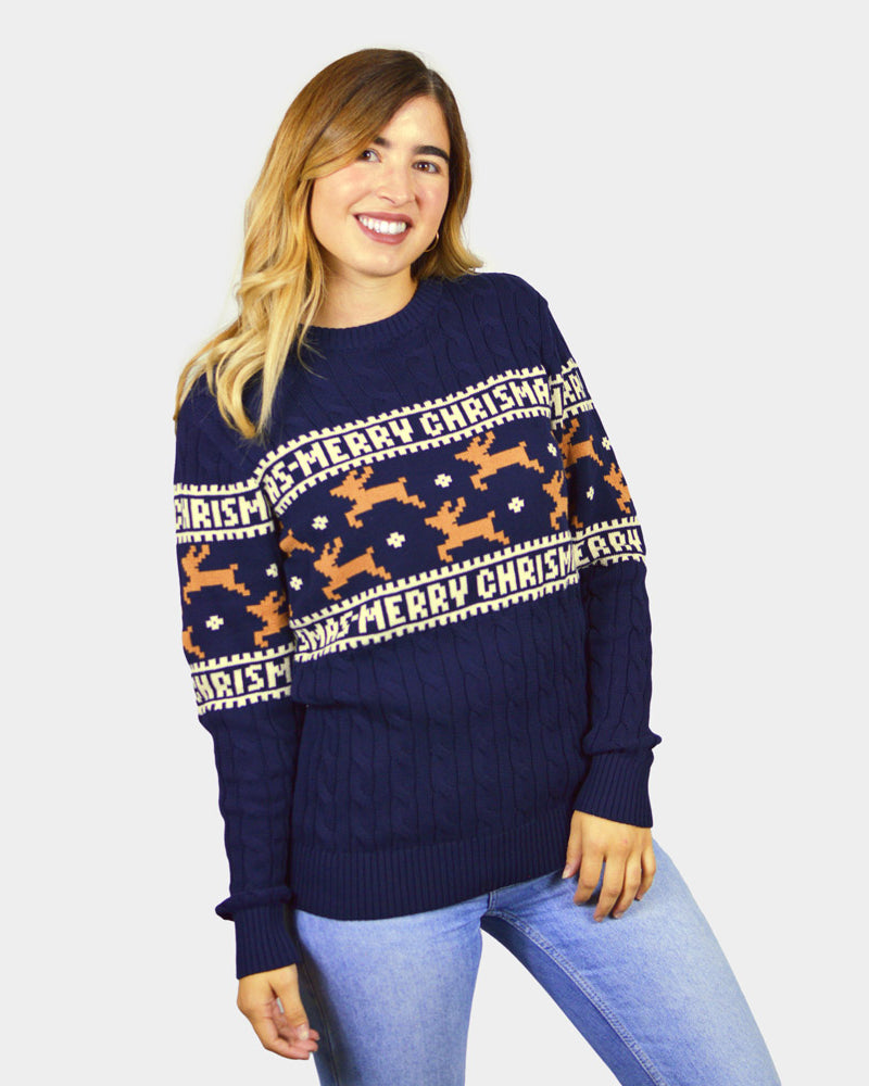 Jersey de Navidad para Mujer Elegante Azul con Renos Merry Christmas