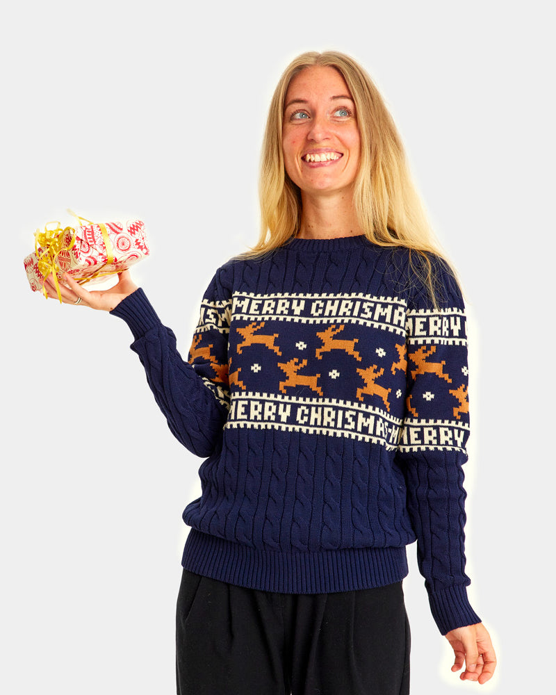 Jersey de Navidad Mujer Elegante Azul con Renos