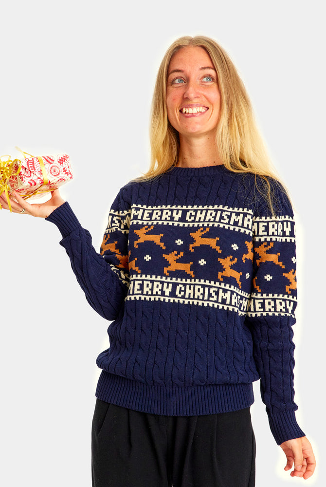 Jersey de Navidad Mujer Elegante Azul con Renos