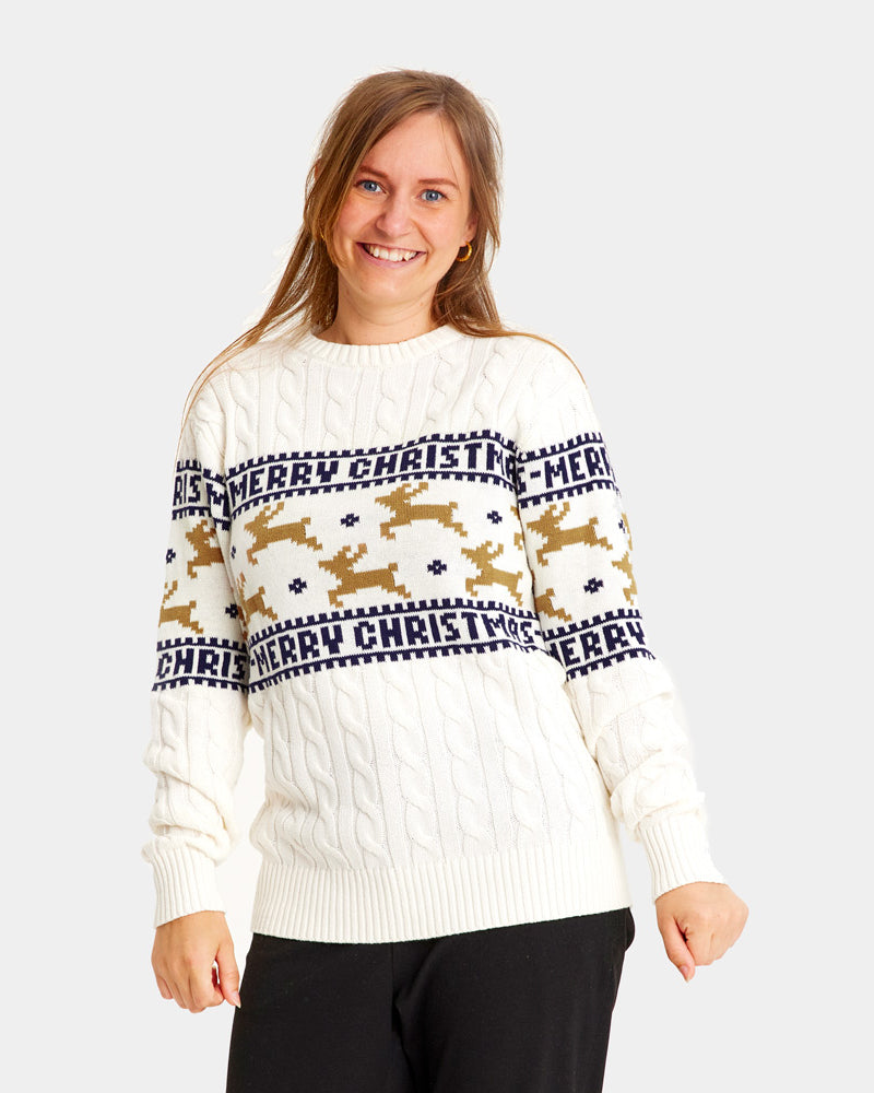 Jersey de Navidad Mujer Elegante Blanco con Renos Algodón Orgánico