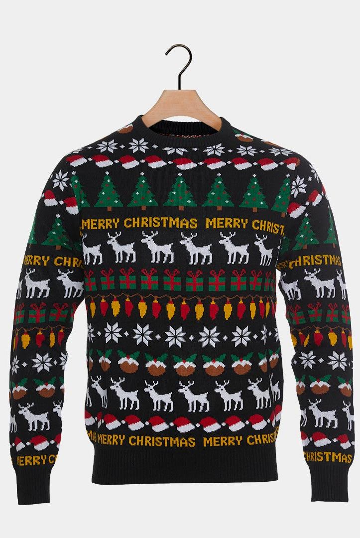 Jersey de Navidad para Mujer Negro con Árboles, Renos y Regalos