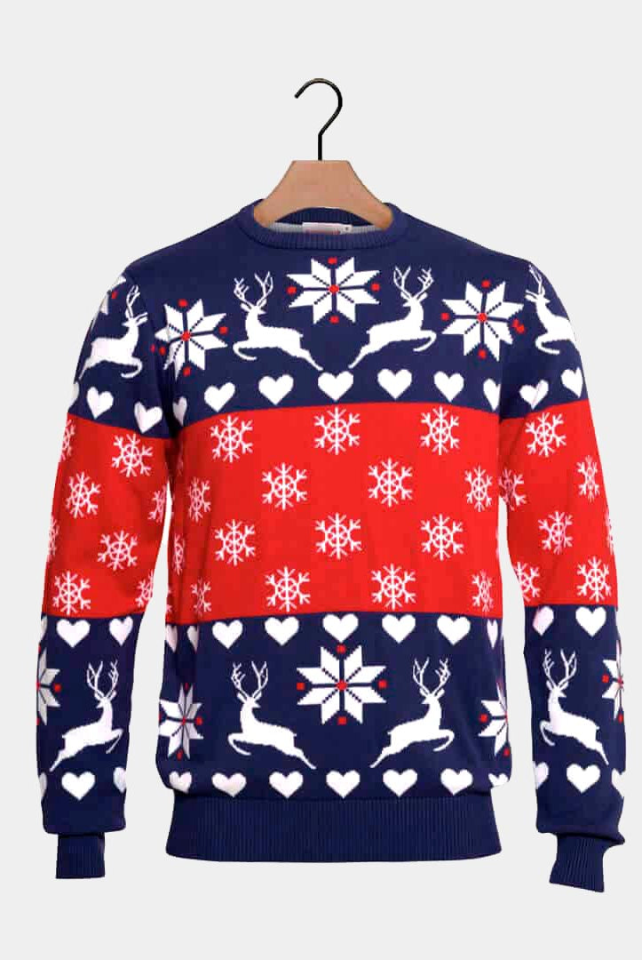 Jersey de Navidad para Mujer Renos y Corazones Azul y Rojo
