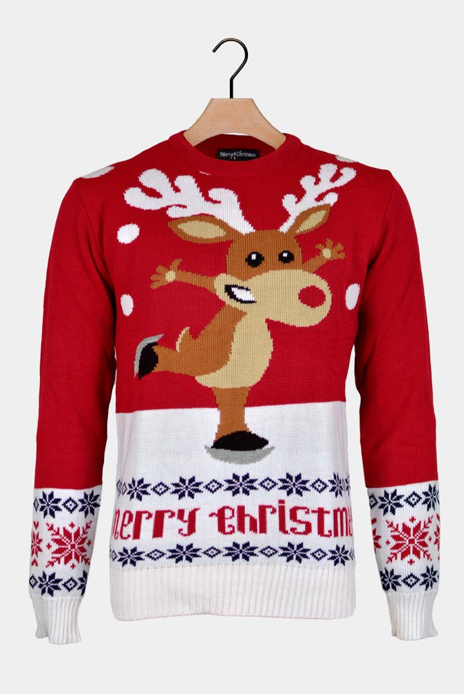 Jersey de Navidad para Mujer Rojo con Reno Patinando