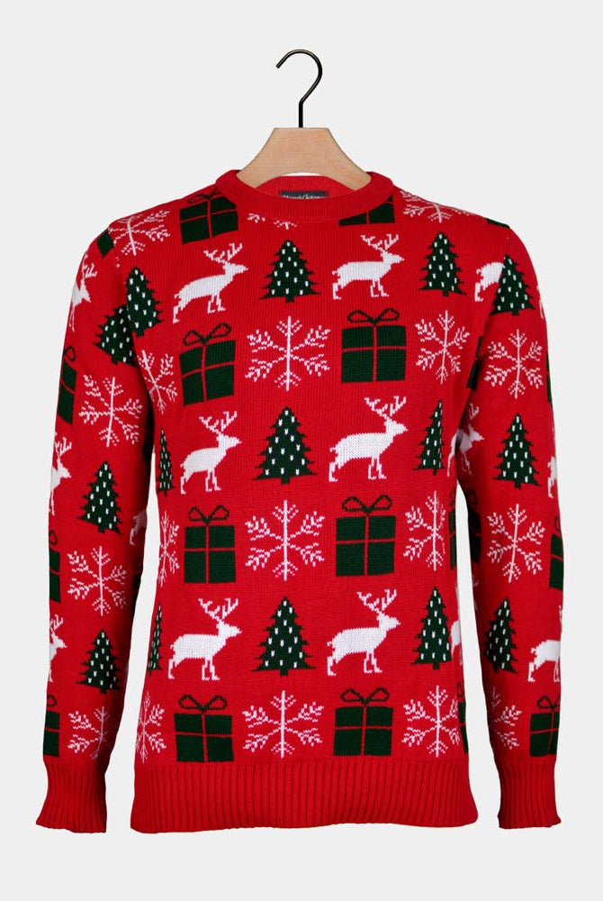 Jersey de Navidad para Mujer Rojo con Renos, Regalos y Pinos