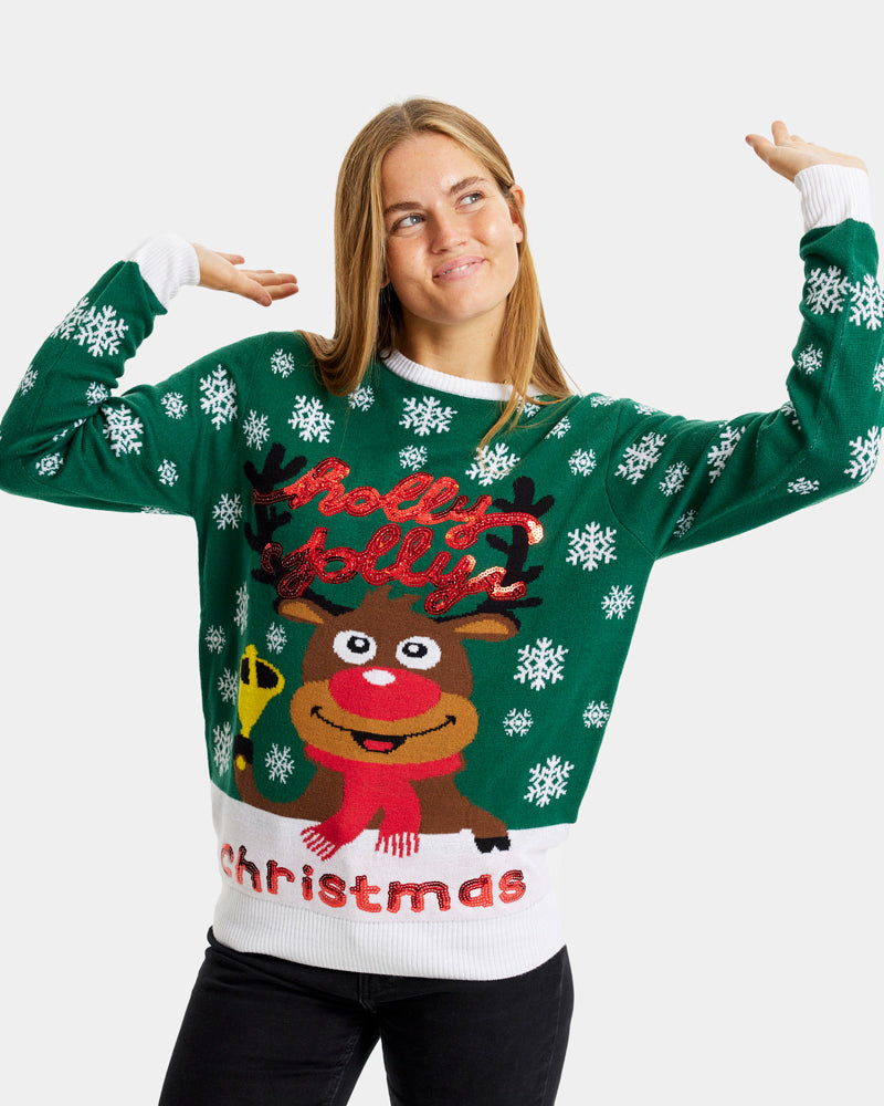 Jersey de Navidad Mujer Verde Holly Jolly Lentejuelas