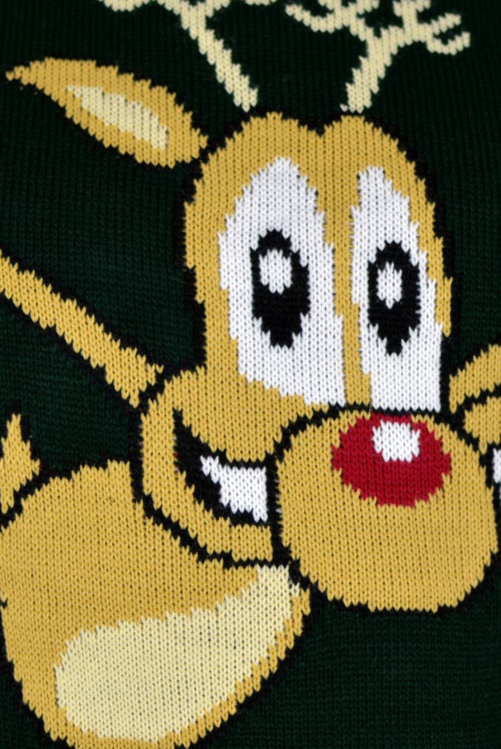 Jersey de Navidad para Mujer Verde con Reno Patinando Detalle