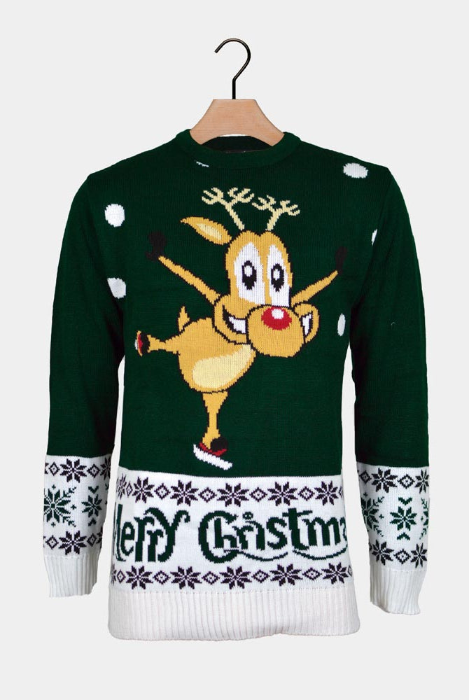 Jersey de Navidad para Mujer Verde con Reno Patinando