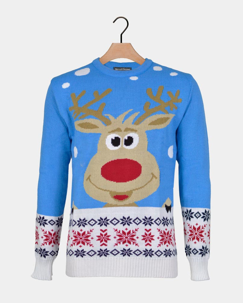 Jersey de Navidad para Niña y Niño Azul Claro con Reno y Nieve