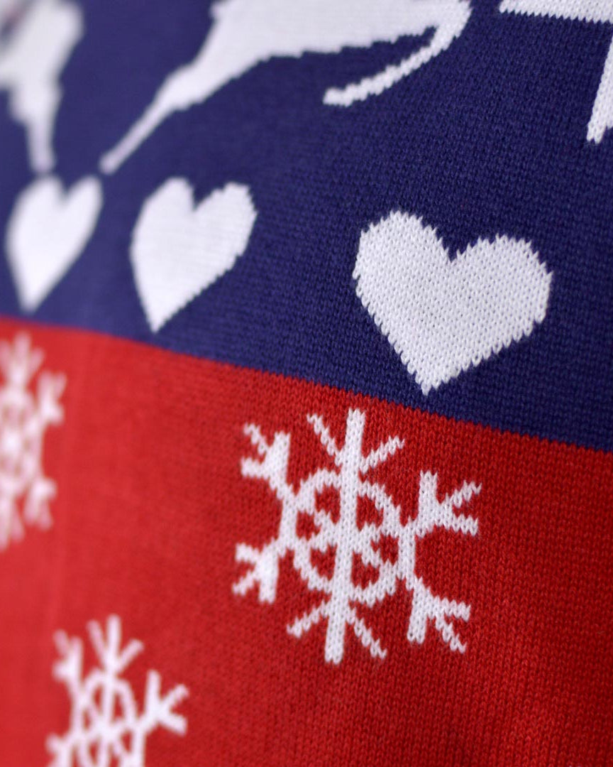 Jersey de Navidad para Niña y Niño Renos y Corazones Azul y Rojo Detalle Nieve