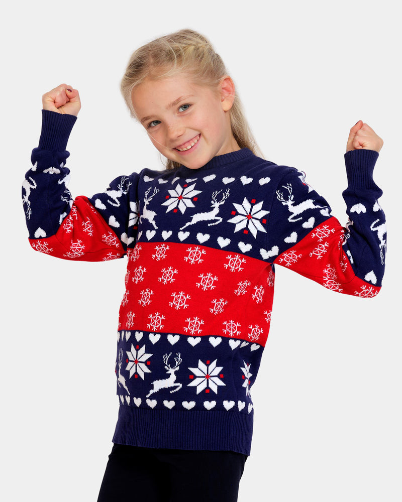 Jersey de Navidad para Niña Renos y Corazones Azul y Rojo