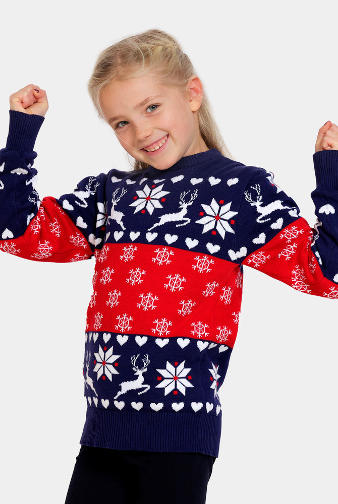 Jersey de Navidad para Niña Renos y Corazones Azul y Rojo