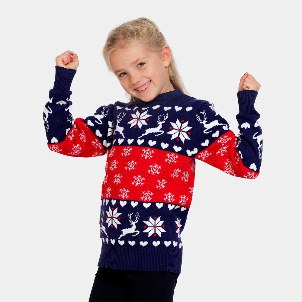 Jersey de Navidad para Niña Renos y Corazones Azul y Rojo