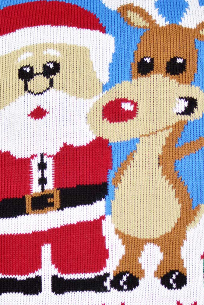 Jersey de Navidad Parejas Azul Claro con Reno Rudolph y Papá Noel Detalle