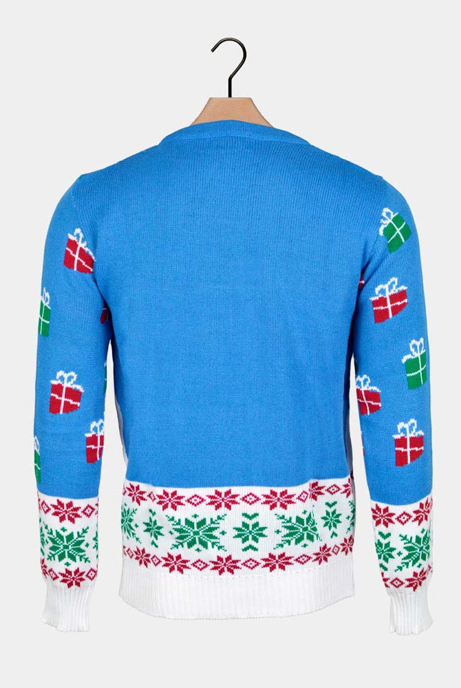 Jersey de Navidad Parejas Azul Claro con Reno Rudolph y Papá Noel Espalda