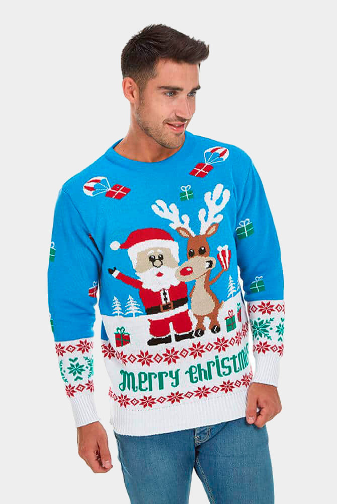 Jersey de Navidad Parejas Azul Claro con Reno Rudolph y Papá Noel Hombre