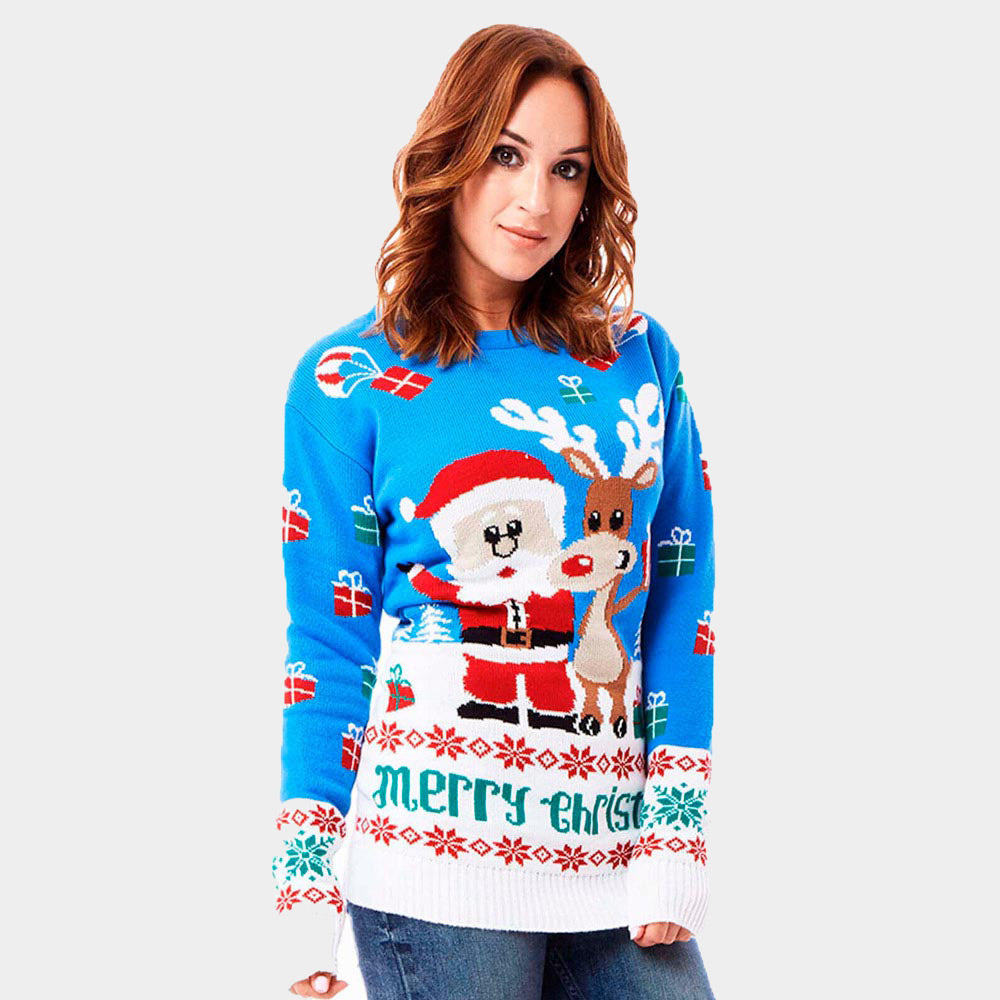 Jersey de Navidad Parejas Azul Claro con Reno Rudolph y Papá Noel mUJER