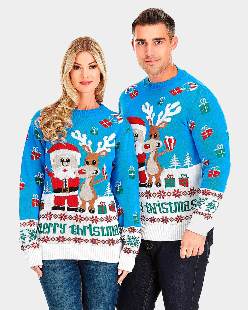 Jersey de Navidad Parejas Azul Claro con Reno Rudolph y Papá Noel