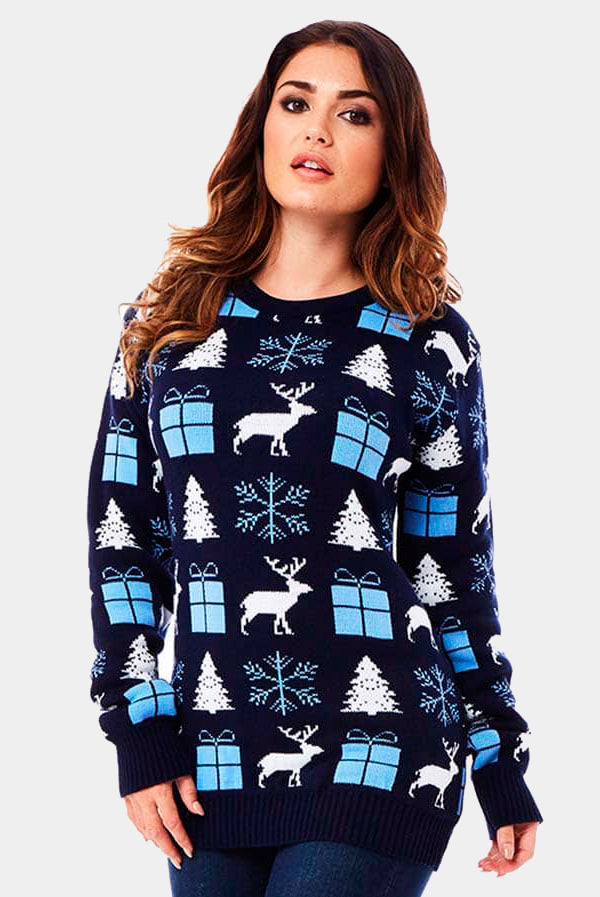 Jersey de Navidad Parejas Azul con Renos, Regalos y Pinos Mujer