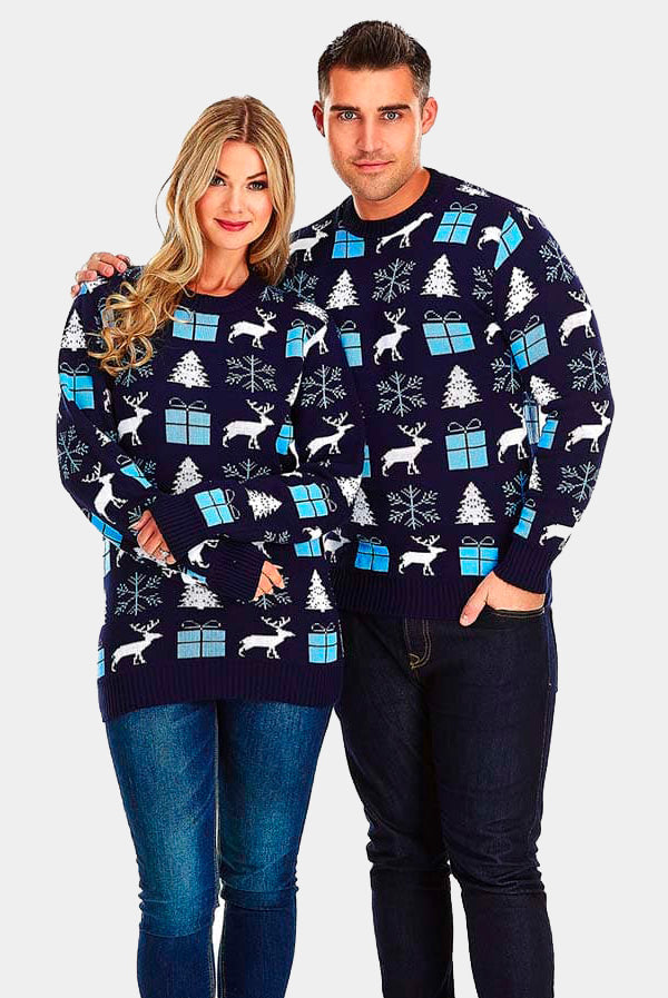 Jersey de Navidad Parejas Azul con Renos, Regalos y Pinos