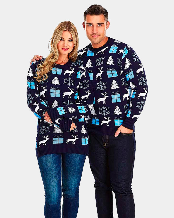 Jersey de Navidad Parejas Azul con Renos, Regalos y Pinos