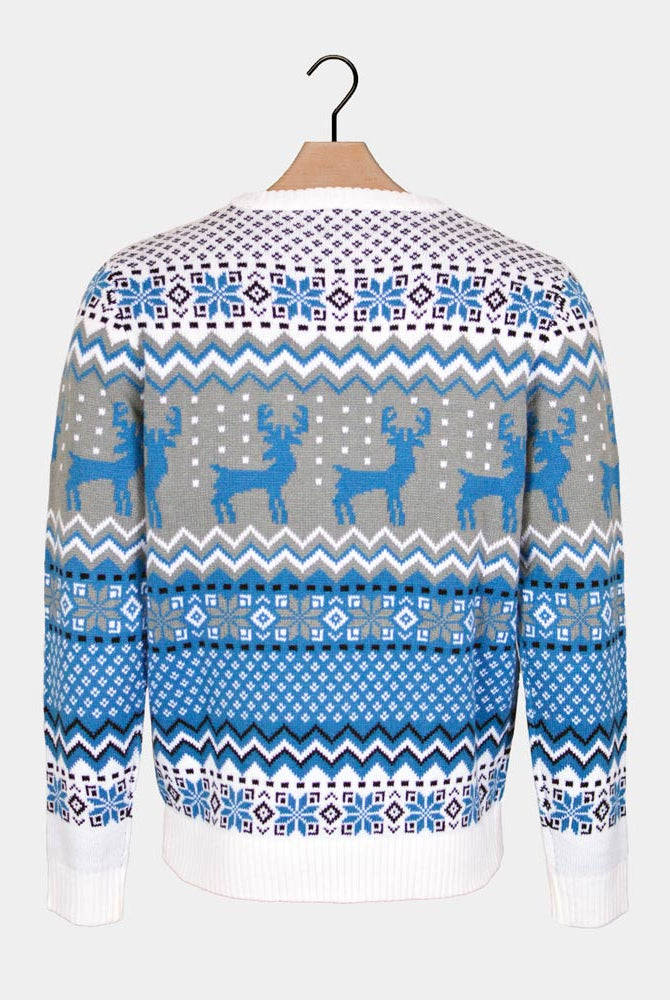 Jersey de Navidad Parejas Blanco, Gris y Azul con Renos Elegante Espalda