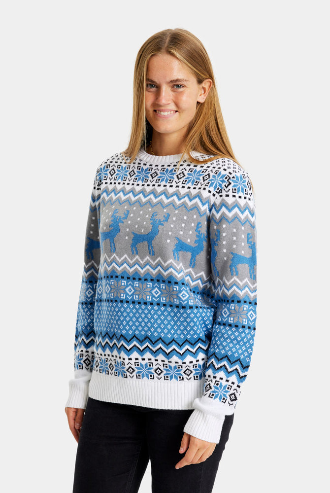 Jersey de Navidad Parejas Blanco, Gris y Azul con Renos Elegante Mujer