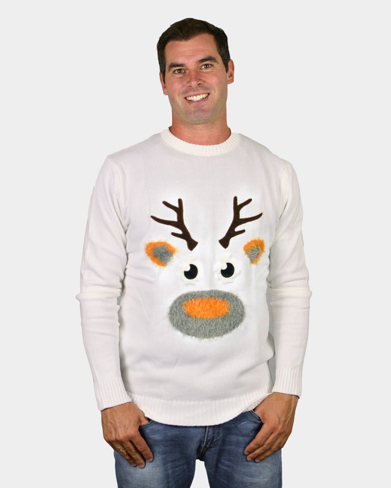Jersey de Navidad Parejas Blanco con Reno 3D Peludo hombre
