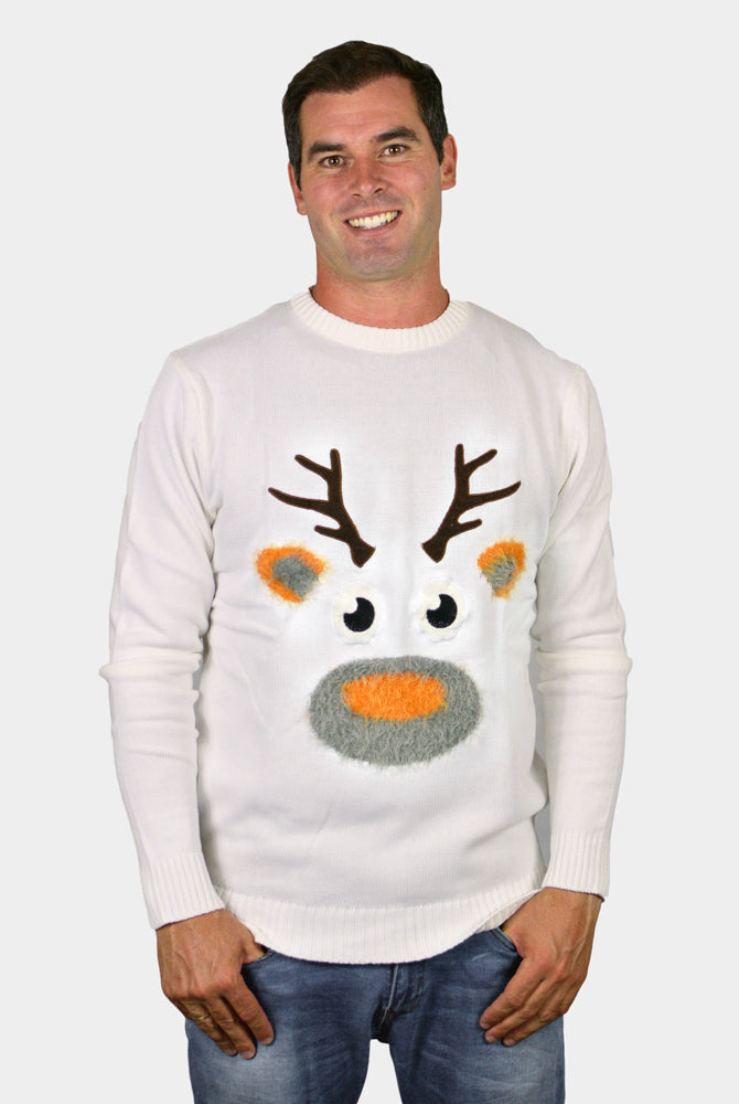 Jersey de Navidad Parejas Blanco con Reno 3D Peludo hombre