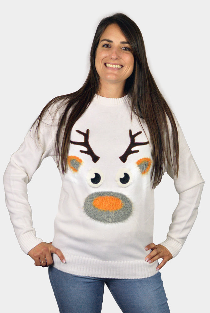 Jersey de Navidad Parejas Blanco con Reno 3D Peludo mujer