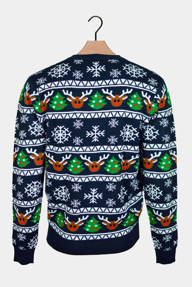 Jersey de Navidad Parejas Cárdigan Azul con Renos y Árboles Espalda
