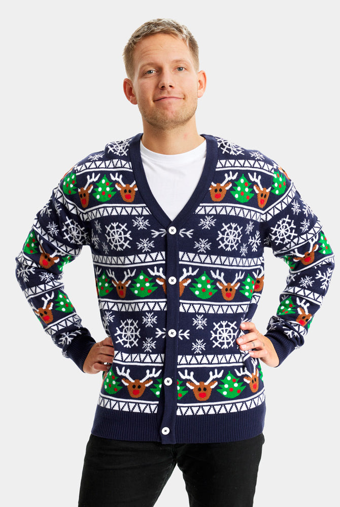Jersey de Navidad Parejas Cárdigan Azul con Renos y Árboles Hombre