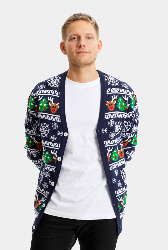 Jersey de Navidad Parejas Cárdigan Azul con Renos y Árboles Hombre