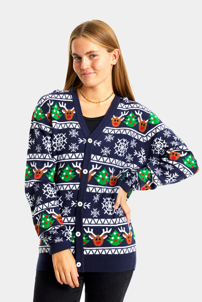 Jersey de Navidad Parejas Cárdigan Azul con Renos y Árboles Mujer