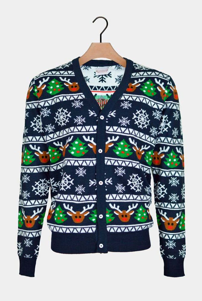 Jersey de Navidad Parejas Cárdigan Azul con Renos y Árboles