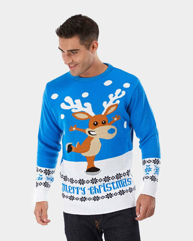 Jersey de Navidad Parejas con Reno Patinando Azul Claro Hombre
