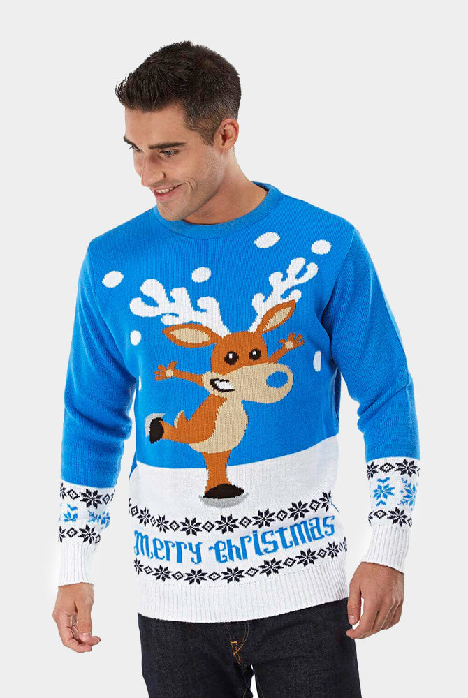Jersey de Navidad Parejas con Reno Patinando Azul Claro Hombre