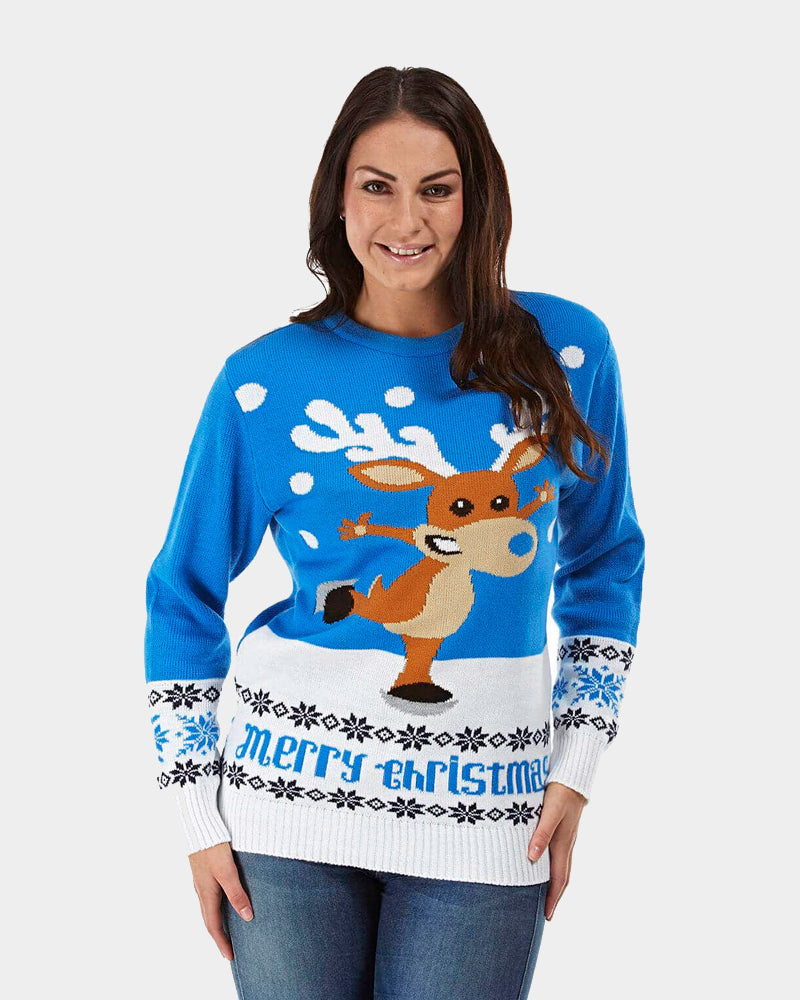 Jersey de Navidad Parejas con Reno Patinando Azul Claro Mujer