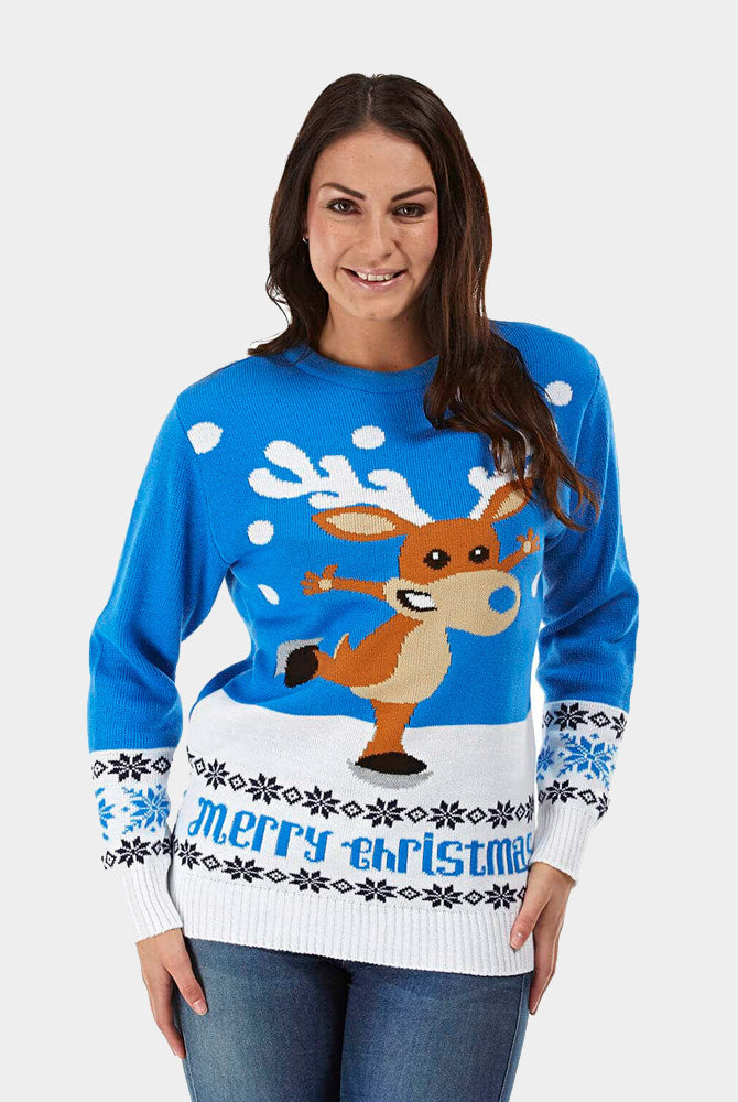 Jersey de Navidad Parejas con Reno Patinando Azul Claro Mujer