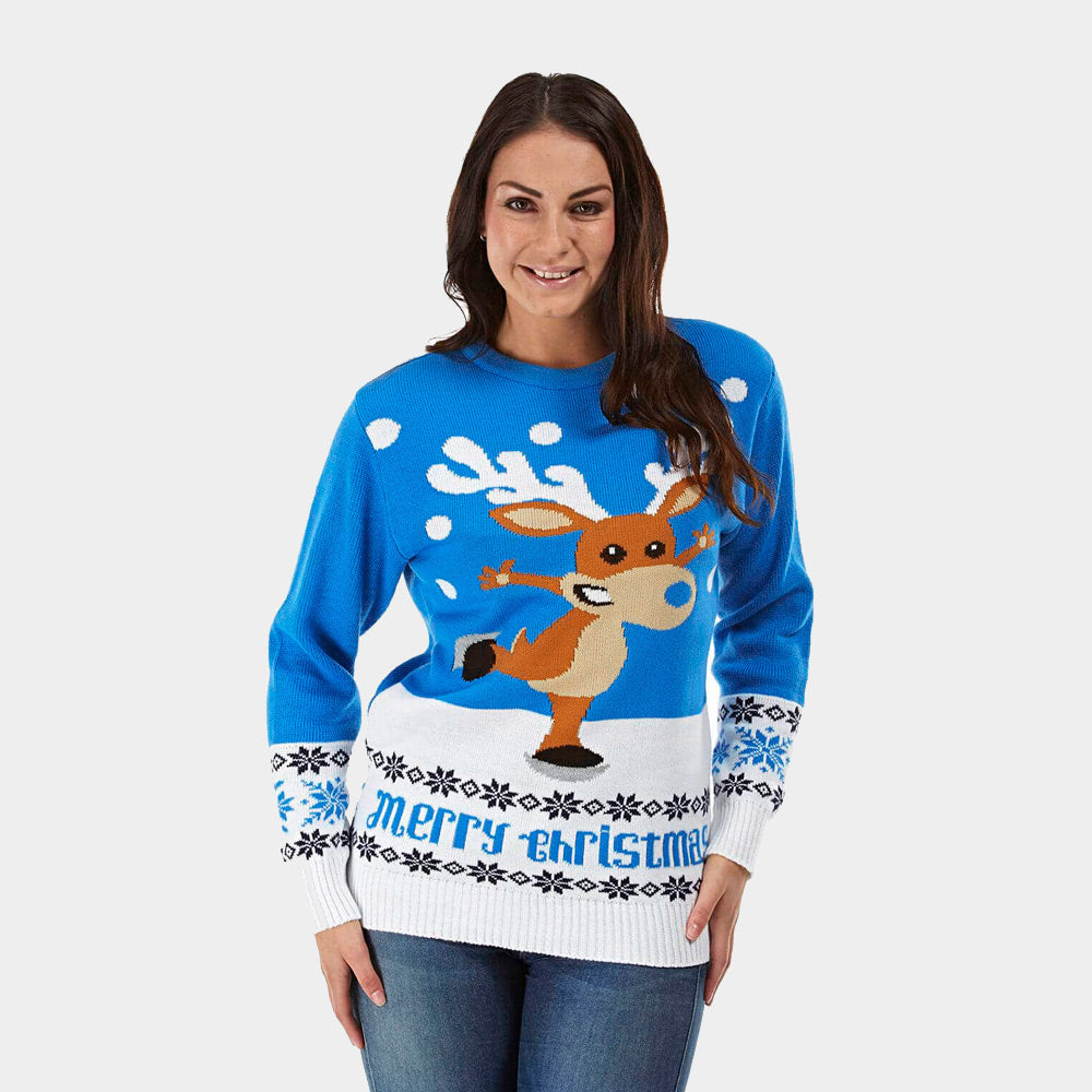 Jersey de Navidad Parejas con Reno Patinando Azul Claro Mujer